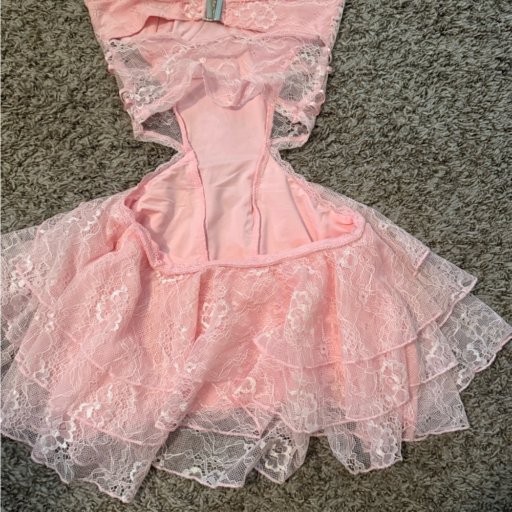 Strapless Pink Lace Cutout Mini Dress with Sweetheart Bust - Picture 5 of 6